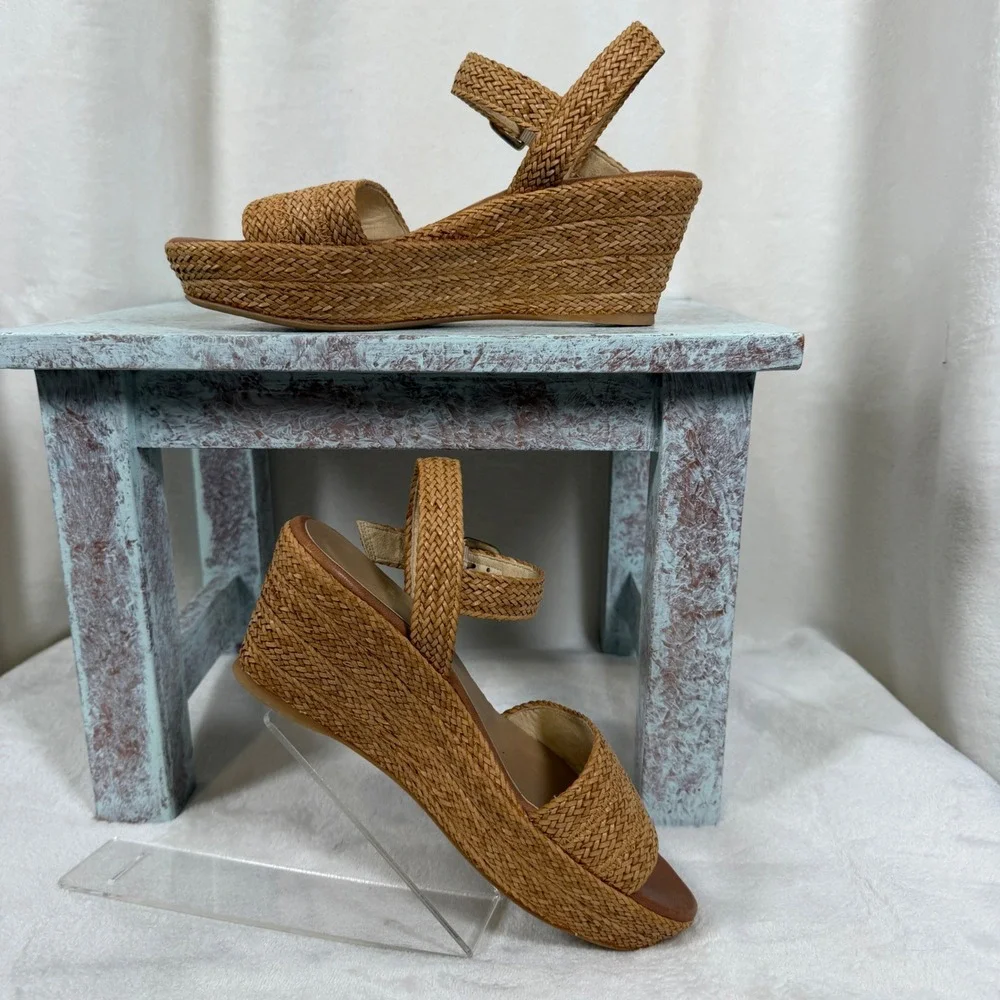 Stuart Weitzman Barbados Wedge Sandals Women 5.5 Tan Woven Platform Ankle Strap
